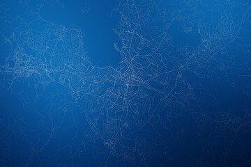 Stylized map of the streets of Lahti (Finland) made with white lines on abstract blue background lit by two lights. Top view. 3d render, illustration