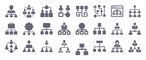 Wall Mural - Management glyph flat icons. Vector solid pictogram set included icon as hr department, structure diagram, strategy flow chart, business hierarchy, team work silhouette illustration for infographic.