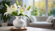 White vase of fresh lilies on a table