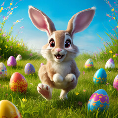 Wall Mural - A joyful bunny expressive eyes and floppy ears, hopping through a vibrant meadow with colorful Easter eggs.