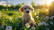 A puppy sits on a lawn with daisies on a sunny day. the first walk of a small puppy
