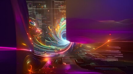 Visualizing a cyberspace odyssey with abstract patterns of code and elements of software development.