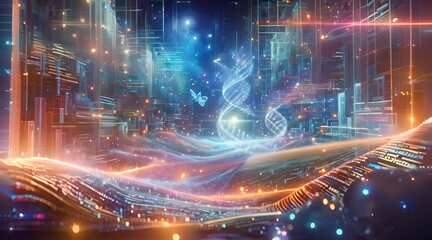 Visualizing a cyberspace odyssey with abstract patterns of code and elements of software development.