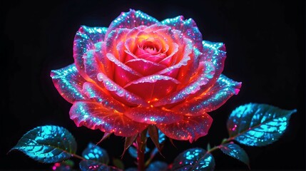 Wall Mural - glowing red rose flower with sparkles in dark background