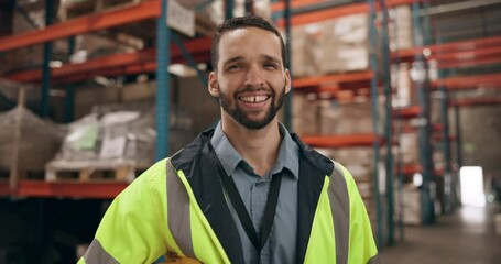 Poster - Man, portrait and smile with distribution warehouse, supply chain and happy for career in logistics. Shipping, delivery and storage for cargo with helmet for safety, confidence and professional