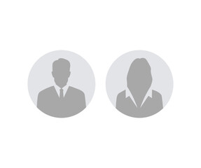 Poster - Businessman and Businesswoman avatar profile. Male silhouette with office suit and tie and Female face silhouette. Profile picture, portrait symbol. Circle button with avatar silhouette vector design.