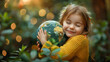 A young girl hugging a model of the earth, symbolizing love and care for the world. Suitable for World Children's Day or International Day of the Girl Child concept banner.