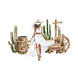 Fototapeta Dziecięca - Watercolor wild west set with girl. Beautiful western cowgirl, horse, hat, cacti. Retro scene in country style perfect for print, card design