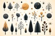 Set of flat illustrations of plants, trees, leaves, branches, bushes and pots.