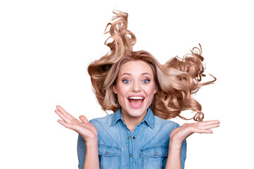 Wall Mural - Close-up portrait of her she nice-looking cute gorgeous charming attractive cheerful wavy-haired lady rejoicing having fun curls blowing isolated over gray violet purple pastel background