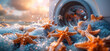 A quirky scene with starfish tumbling in a washing machine drum, surrounded by soap bubbles and a burst of water