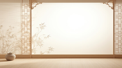 A screen in an oriental interior in daylight, a background postcard with branches of trees in an Asian style