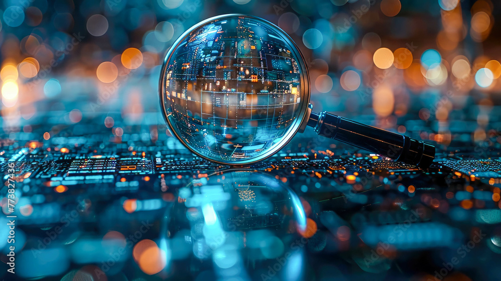 Magnifying glass on electronic circuit board over a computer ...