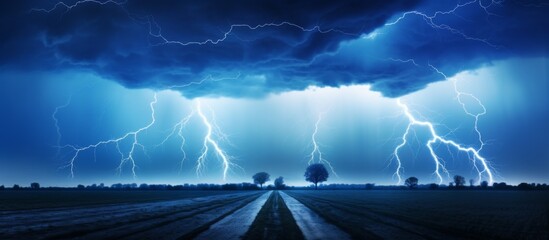 Wall Mural - The dramatic scene of a powerful lightning storm illuminating the sky over an open field dominated by a solitary tree