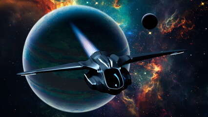 Wall Mural - sleek spaceship glides near a large blue planet against a backdrop of fiery nebulae and distant star