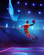 Dynamic image of young man, basketball player in motion, throwing ball into basketball hoop in a jump over neon colored arena. Sport, action, game, competition, tournament, energy concept. Poster, ad