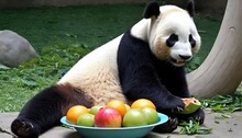 A Giant Panda Enjoying A Snack Of Fresh Fruit Upscaled 8
