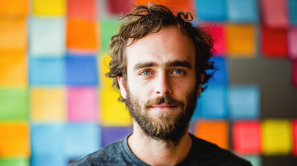 A bearded young man with a pleasant expression in front of a colorful square-patterned background.