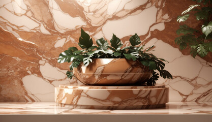 Brown marble product display podium with nature leaves #4