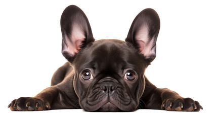 a small black dog lying peacefully on a white floor