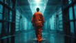 Rear view. A prisoner in a federal prison mysteriously entering a cell at night wearing an orange prisoner uniform. Generative AI.