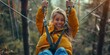 Happy women girl female gliding climbing in extreme road trolley zipline in forest on carabiner safety link on tree to tree top rope adventure park. Family weekend children kids activities concept