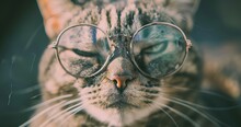 Cat, With Vintage Spectacles, Close-up, Scholarly, Soft Focus, Detailed, Intellectual Vibe.