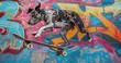 Dog, skateboard ride, close-up, adventurous, urban graffiti backdrop, detailed, cool vibe. 