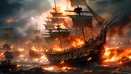 Canvas Print - Pirate ship in the sea with fire and smoke, digital painting, An epic battle between pirates on the high seas, AI Generated