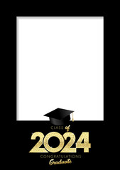 Wall Mural - Graduation photo frame A4, Class of 2024. Black copy space background with class of 2024 number and square academic cap. Vector illustration