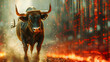 Charging Bull on Fiery Background Symbolizing Financial Market Volatility