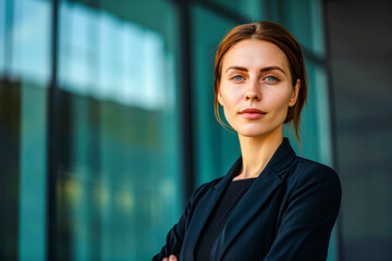 A smartly dressed young woman looks off to the side near a modern office building