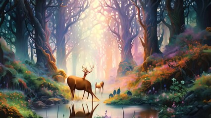 Sticker - Fantasy landscape with fantasy forest and river. Digital painting illustration, An ethereal forest with colorful magical creatures in it, AI Generated