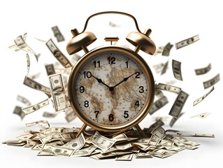 A compelling visual metaphor of an alarm clock with dollar bills flying around, depicting the classic idiom 