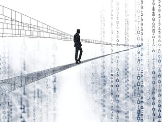 Conceptual image of a lone figure crossing a data bridge, symbolizing the journey through digital information and the intersection of technology and humanity.