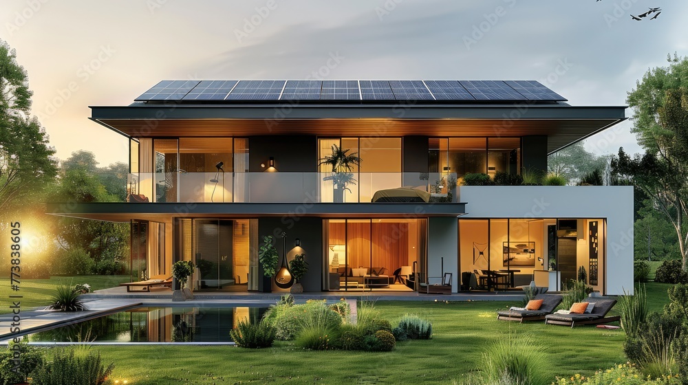 Modern house with solar panels on the roof overlooking lawns and a ...