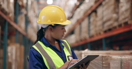 Poster - Logistics, warehouse and woman with tablet for checklist, online planning and inspection for distribution. Digital app, report and girl in factory for quality control, inventory and export management