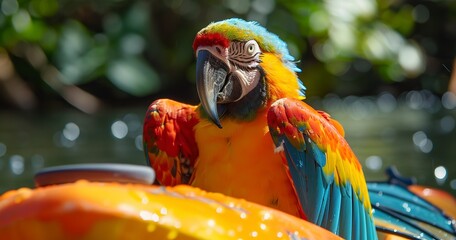 Canvas Print - Parrot on kayak, close-up, tropical river, adventurous, colorful feathers, clear, vivid detail. 