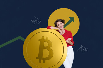 Sticker - Creative picture collage young pretty girl bitoin trader successful results rising arrow charts drawing background golden coins