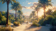 A desert oasis with palm trees and a clearing in the middle, morning light. Generative AI.