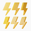 3d yellow energy icon set different 6 rotation. Realistic 3d render lightning bolt icons. Vector illustration.