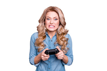 Wall Mural - Close-up portrait of her she nice charming attractive worried sad nervous wavy-haired lady wearing blue shirt fan playing game trouble problem loser isolated over gray background