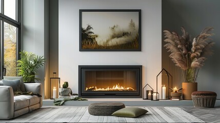 Wall Mural - A black framed blank-empty mockup is placed above the fireplace in a contemporary living room. Generative AI.