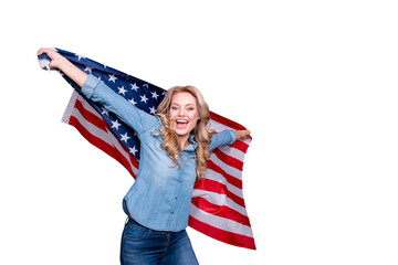 Wall Mural - Portrait of her she nice cute charming adorable lovely attractive cheerful cheery optimistic wavy-haired lady holding in hands flag isolated over gray purple violet pastel background