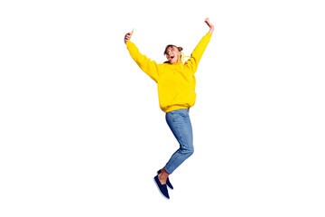 Wall Mural - Full length body size photo of beautiful cheer brunette she her lady with pretty buns hairdo yelling glad say tell speak to relatives wearing casual jeans yellow pullover isolated on purple background