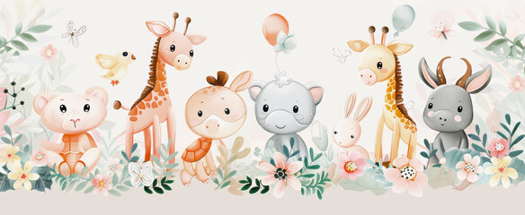  A whimsical depiction of adorable, cartoonish baby animals including a lion, giraffes, a koala, a rabbit, and a donkey with balloons and flowers.