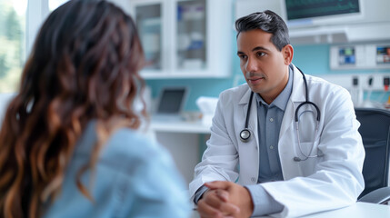 Wall Mural - A man doctor in a white coat examines a woman patient during a medical consultation in a hospital. Ai generative illustration