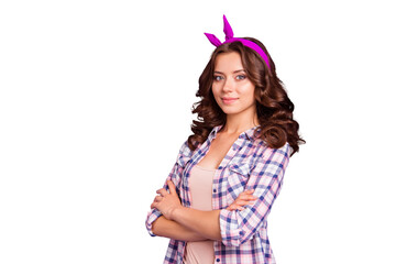 Wall Mural - Profile side view portrait of nice calm sweet tender delicate lovely adorable attractive winsome pretty lady wearing head band crossed hands isolated over violet pastel background