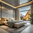 luxury hotel room.A futuristic bedroom design blending sleek silver surfaces with warm golden hues, incorporating minimalist furniture, futuristic lighting fixtures, and reflective metallic accents fo