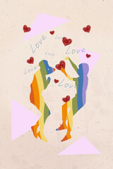 Sticker - Vertical photo collage of two people lie love heart rainbow symbol lgbt propaganda tolerance affection like isolated on painted background